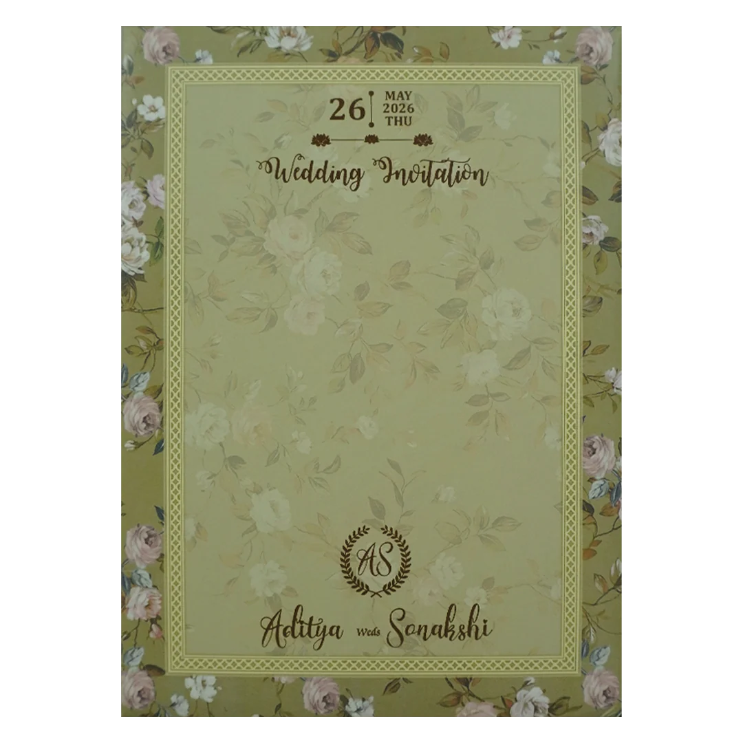 Green Floral Gold Frame Padded Wedding Card-KRE27260 - Image 4