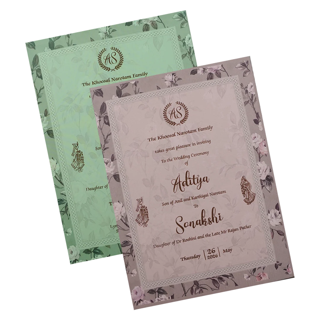 Green Floral Gold Frame Padded Wedding Card-KRE27260 - Image 5