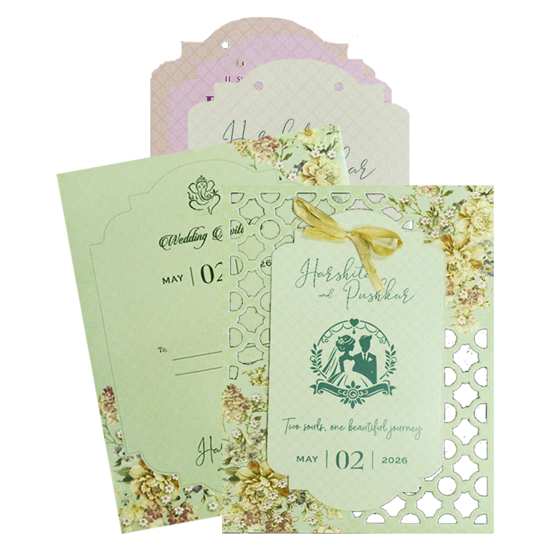 Green Floral Laser Cut Wedding Card-KSH72900