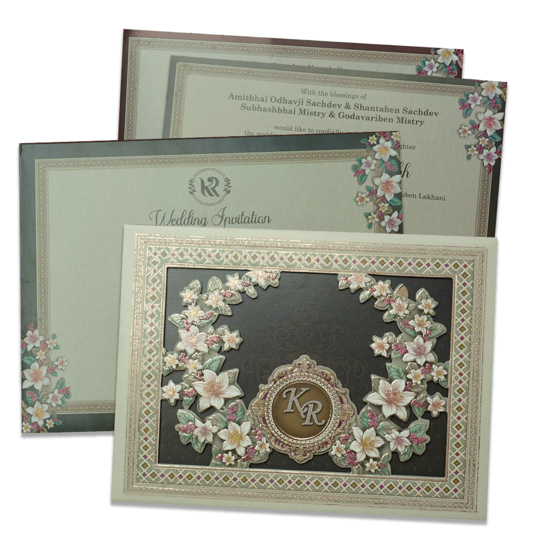 Green Floral Monogram Padded Wedding Card - KSI64120