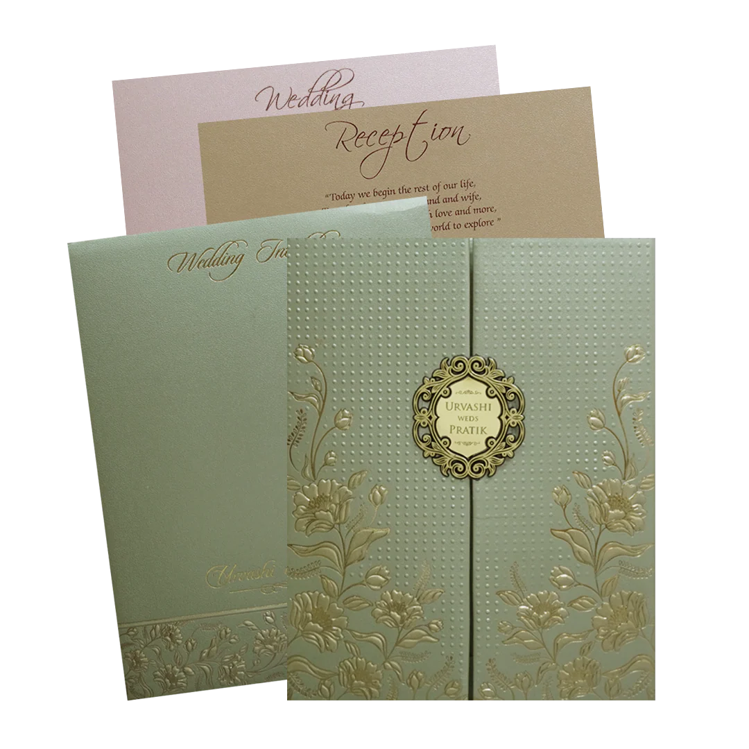 Green Floral Frame Padded Wedding Card - KMMWD1116