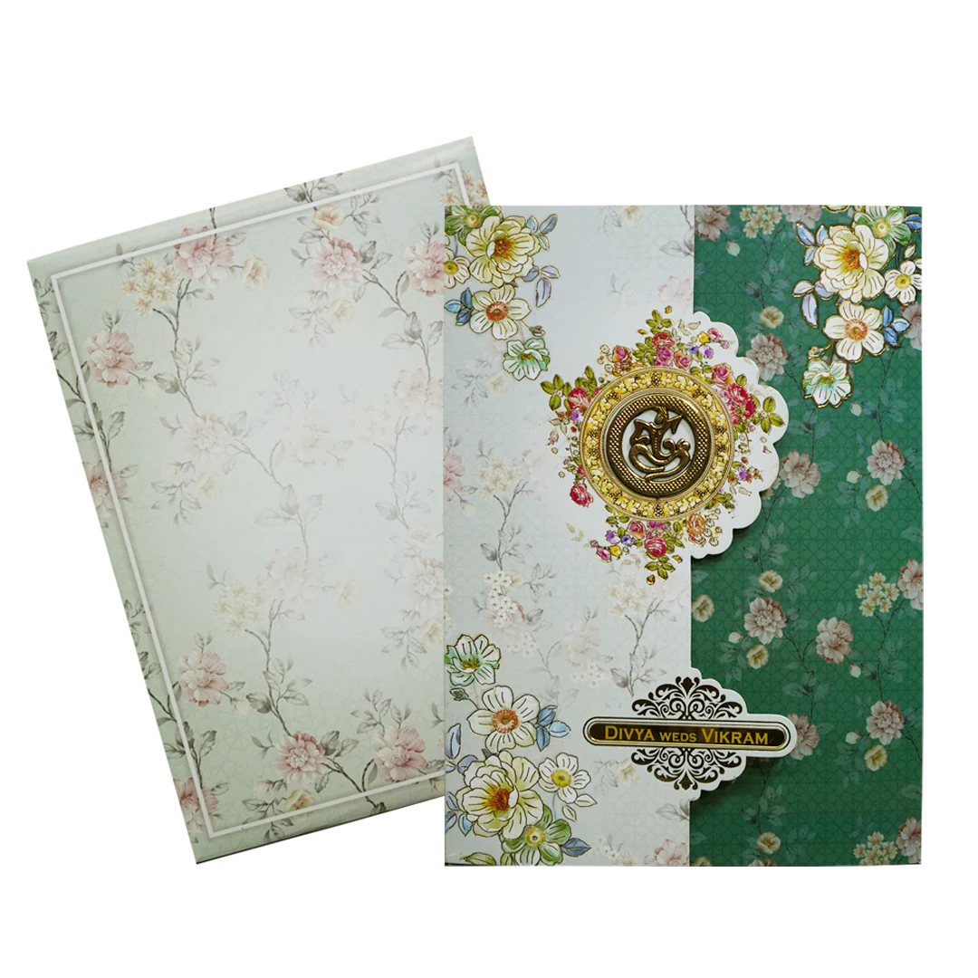 Green Floral Three-Fold Wedding Card-KNLY6102 - Image 2