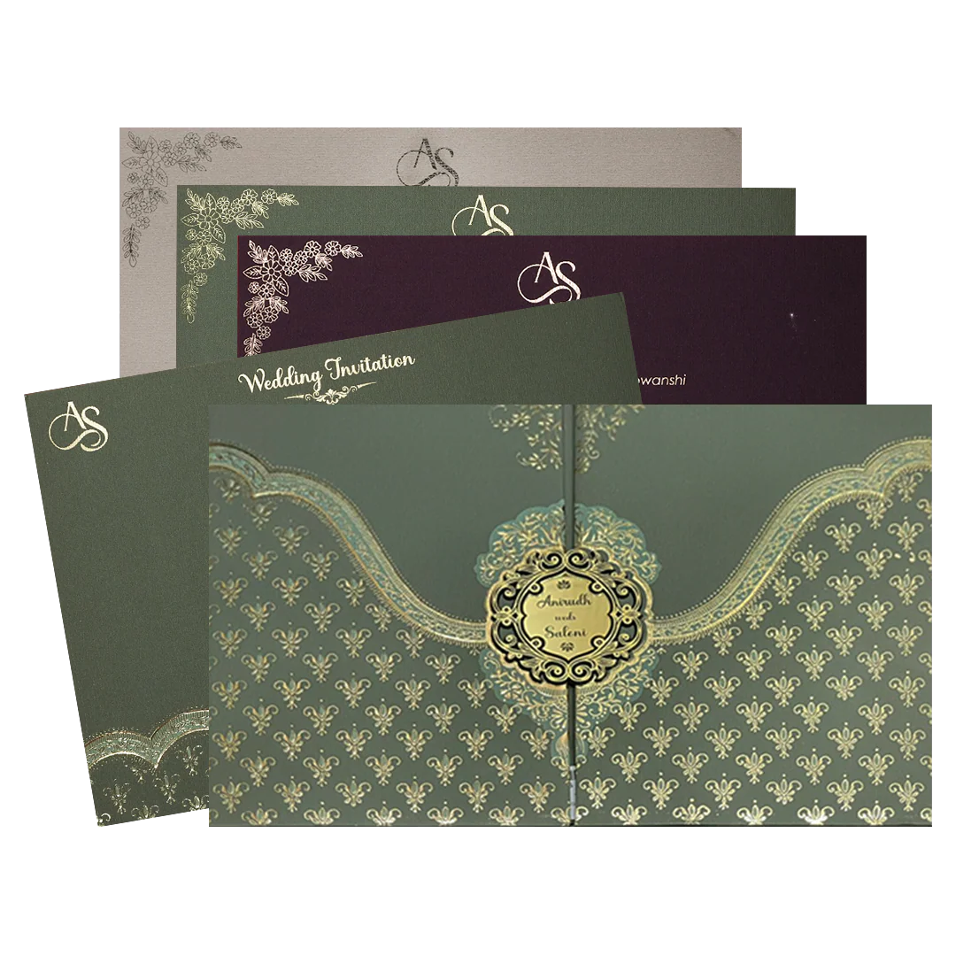Green Gold Floral Padded Wedding Card-KSI64300