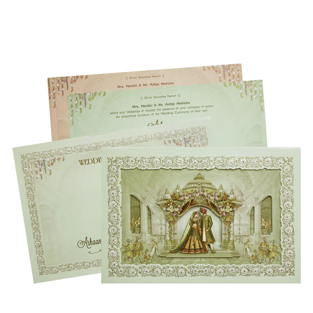 Green Gold Royal Palace Bride & Groom Padded Wedding Card - KMMEX8080