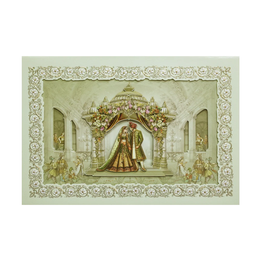 Green Gold Royal Palace Bride & Groom Padded Wedding Card - KMMEX8080 - Image 3