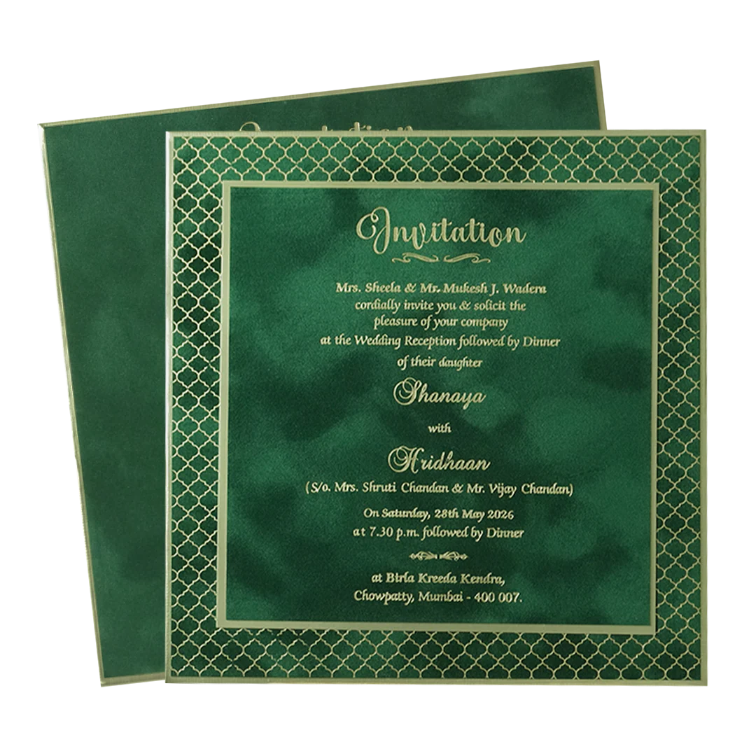 Green Gold Square Padded Wedding Card-KMMSC201