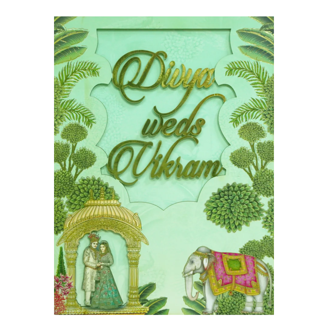 Green Laser-Cut Bride & Groom Wedding Card-KNOR5201 - Image 3