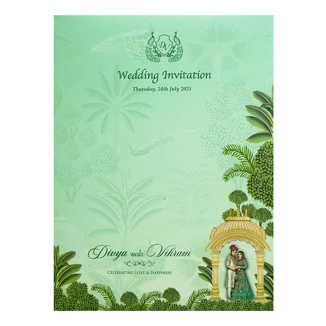 Green Laser-Cut Bride & Groom Wedding Card-KNOR5201 - Image 4