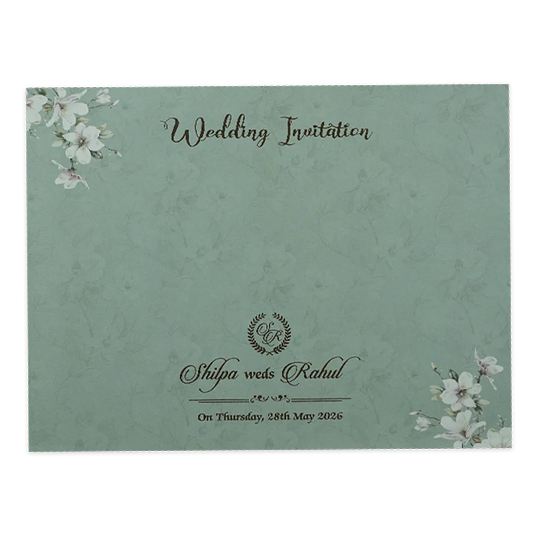 Green Laser Cut Floral Ribbon Wedding Card-KRE26740 - Image 4