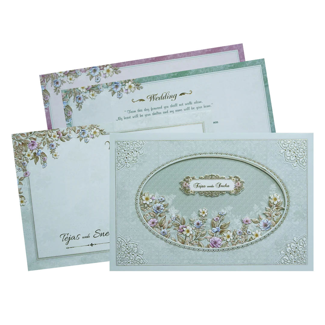 Green Laser Cut Padded Floral Embossed Wedding Card-KMMEX8090