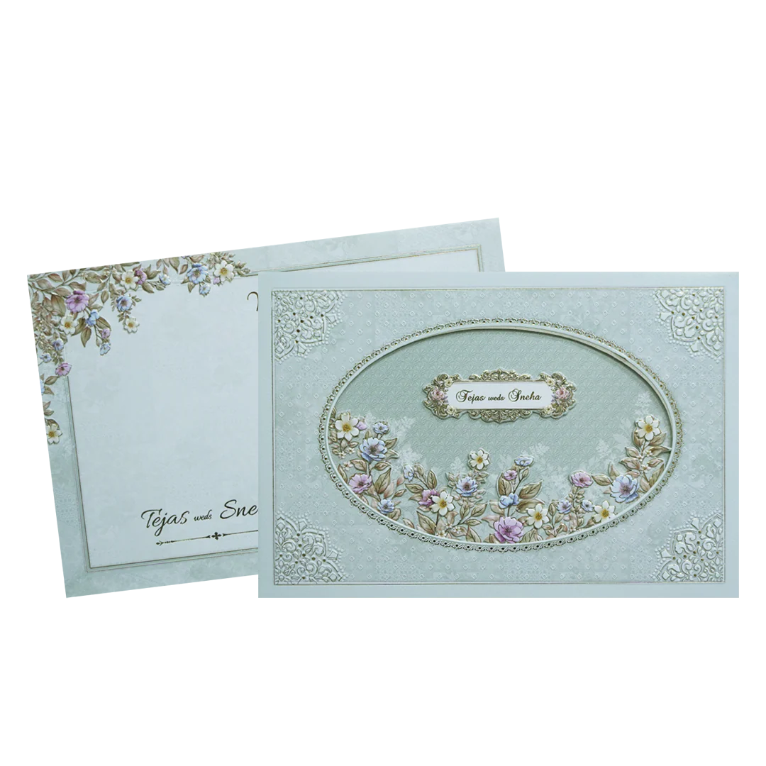 Green Laser Cut Padded Floral Embossed Wedding Card-KMMEX8090 - Image 2