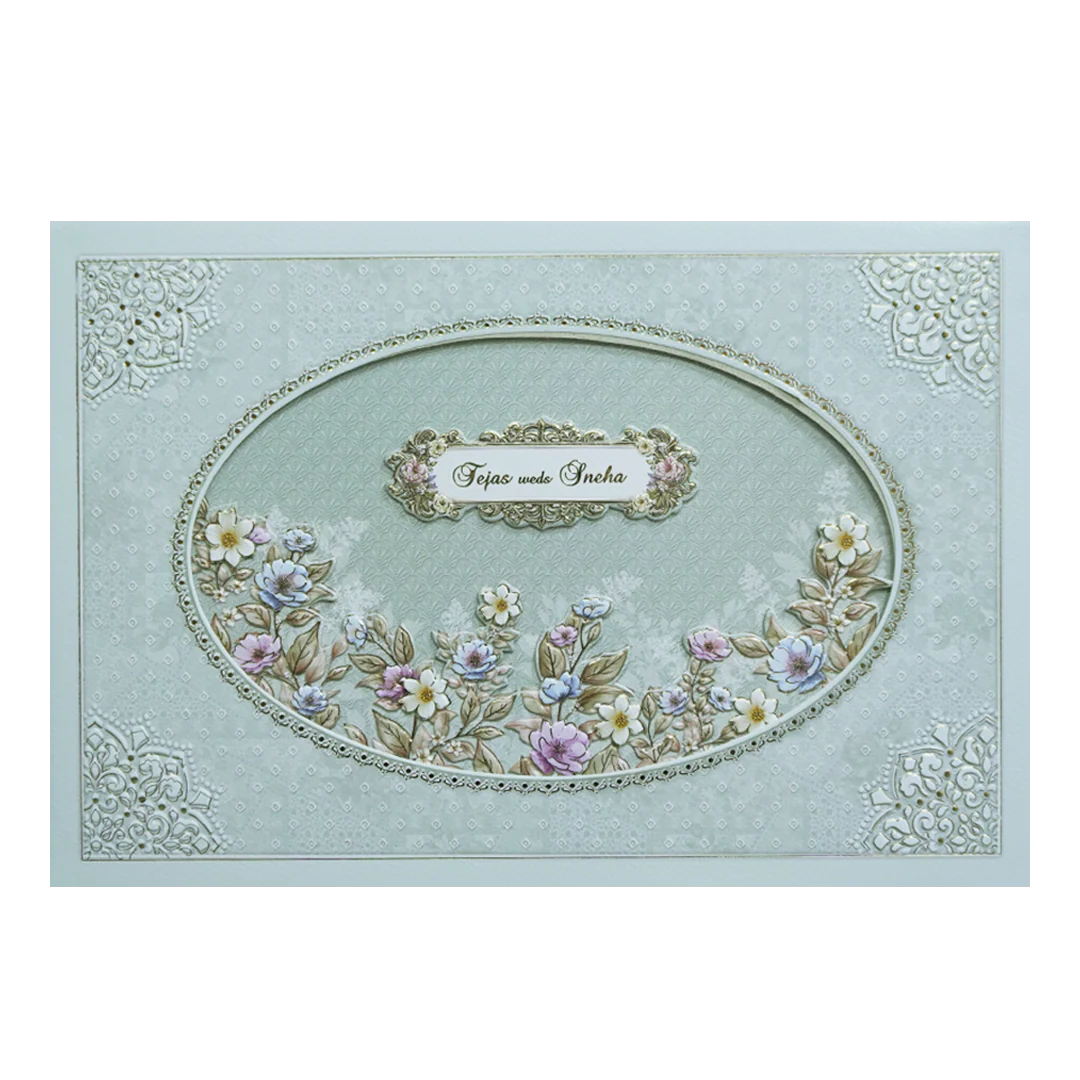Green Laser Cut Padded Floral Embossed Wedding Card-KMMEX8090 - Image 3