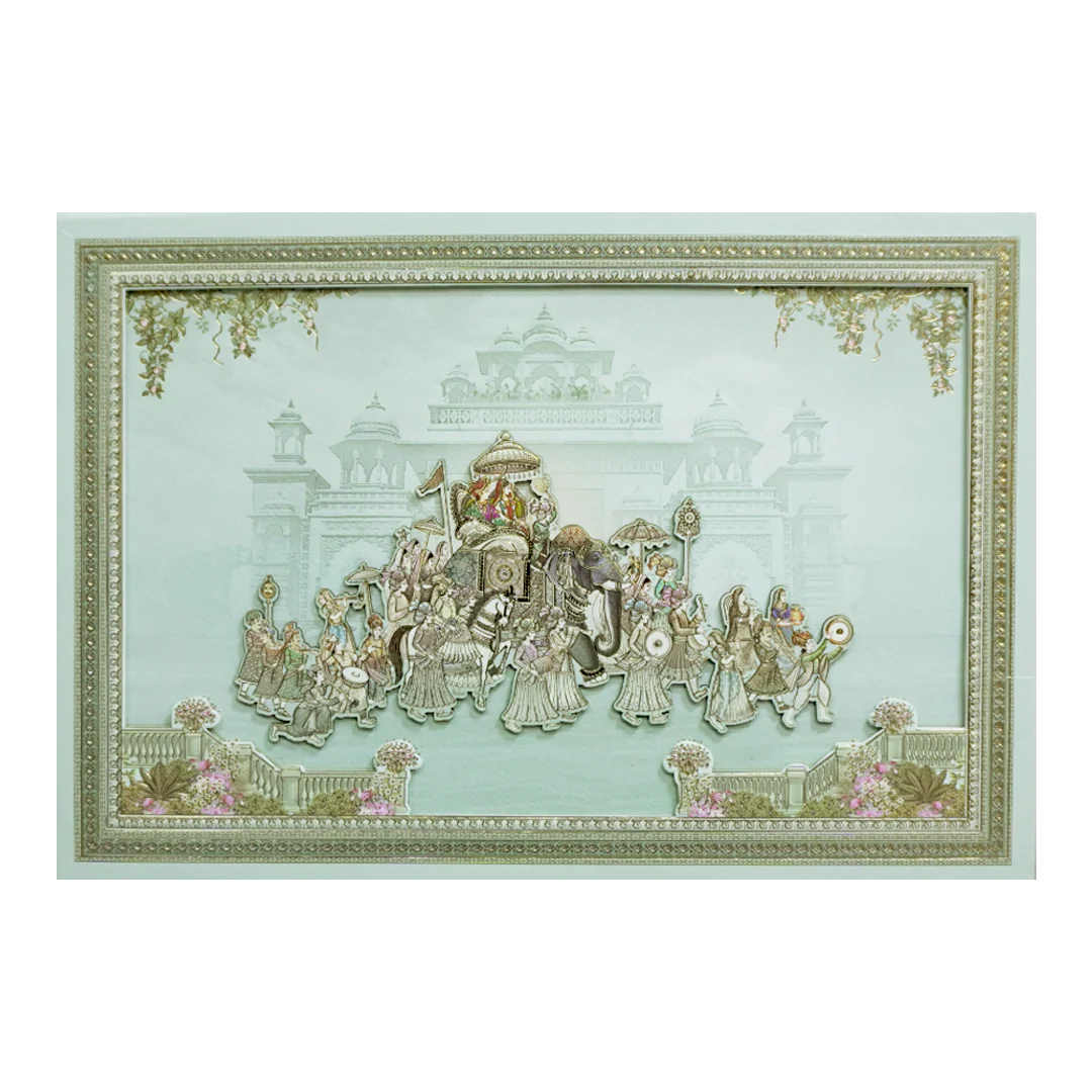 Green Laser Cut Padded Royal Procession Wedding Card - KMMEX8140 - Image 3