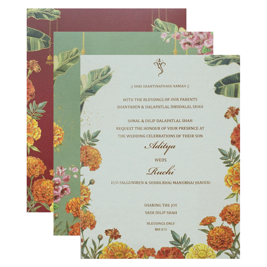 Green Marigold Floral Wedding Card - KBM05100 - Image 5