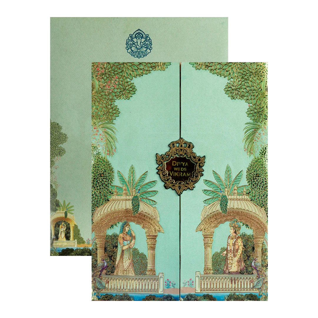 Green Mughal Gatefold Wedding Card-KNKC4087 - Image 2