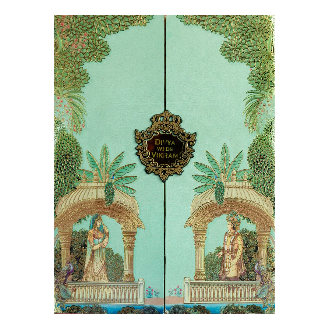 Green Mughal Gatefold Wedding Card-KNKC4087 - Image 3