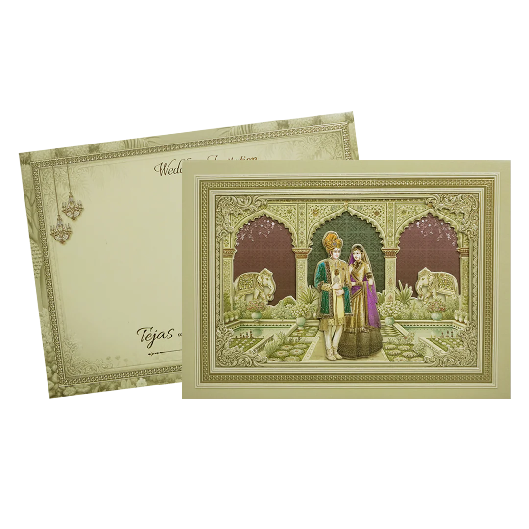 Green Palace Couple & Elephant Padded Wedding Card-KMMEX8010 - Image 2
