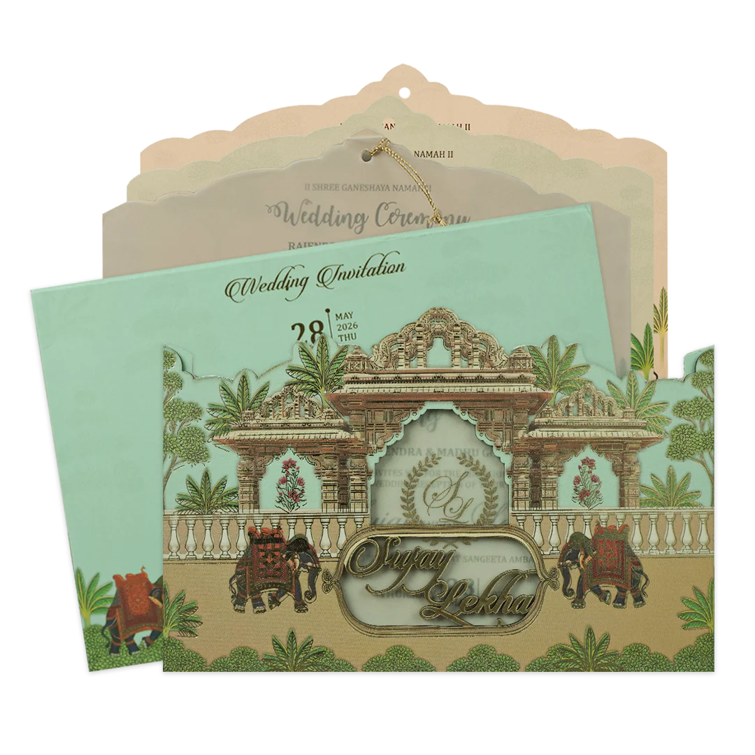 Green Palace Cutout Elephant Wedding Card-KRE27320