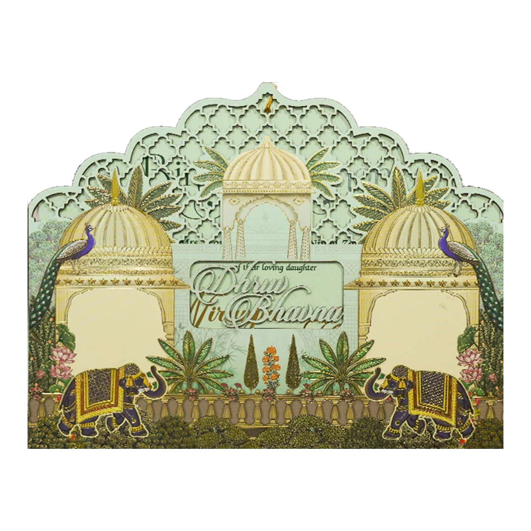 Green Palace Elephant Laser-Cut Wedding Card-KSH72920 - Image 3