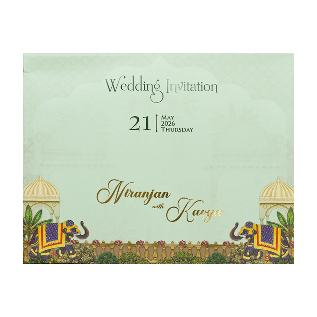 Green Palace Elephant Laser-Cut Wedding Card-KSH72920 - Image 4