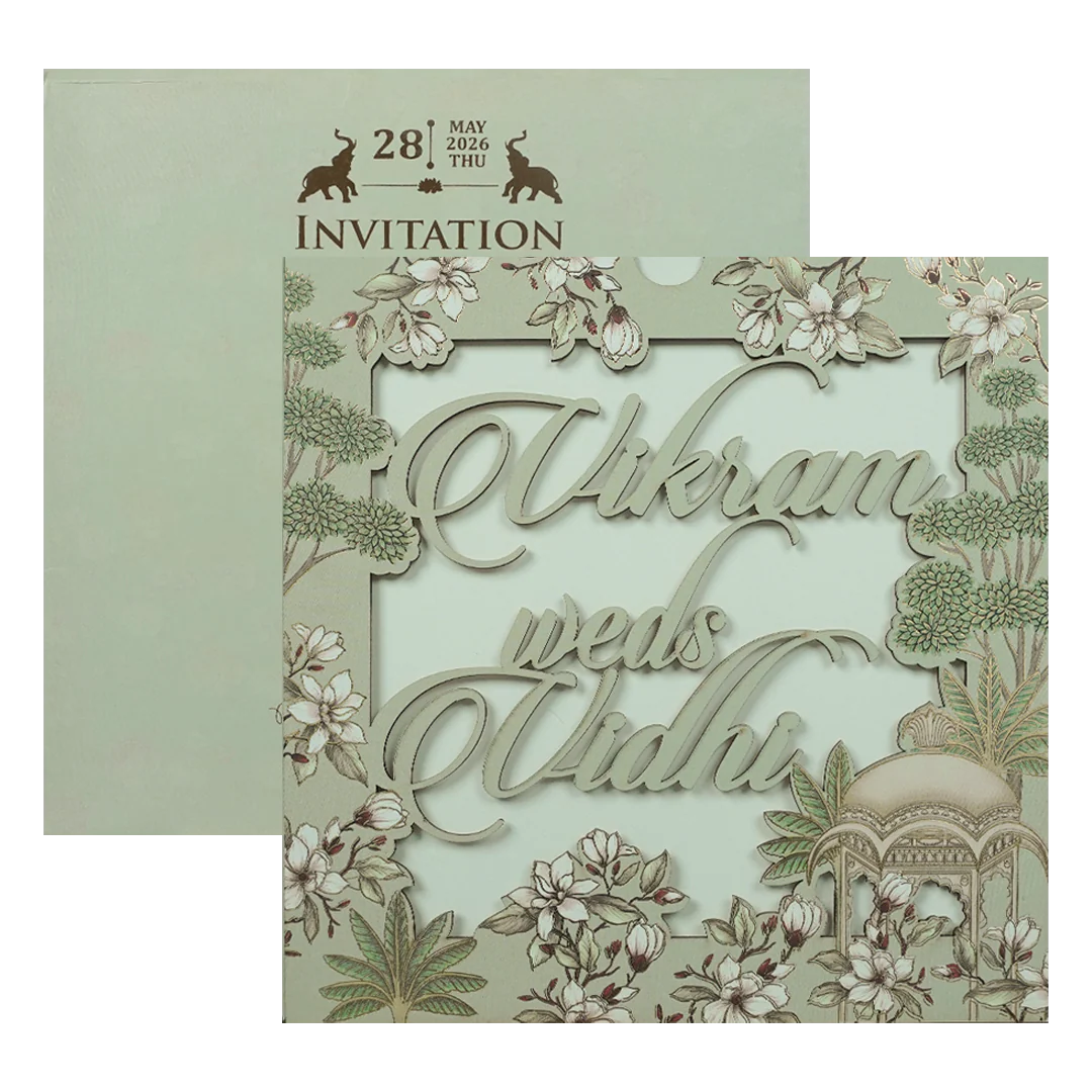 Green Pastel Floral Laser Cut Wedding Card-KRE26750 - Image 2