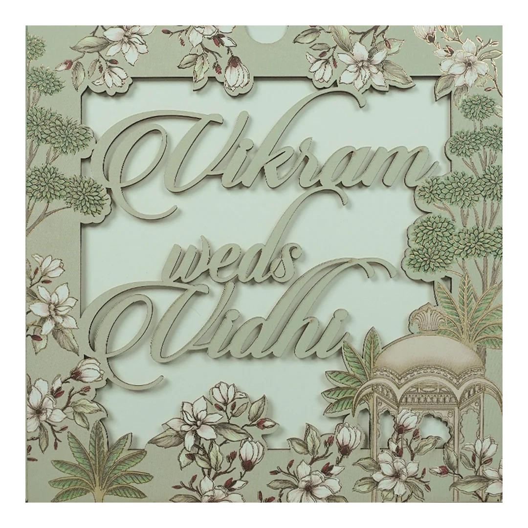 Green Pastel Floral Laser Cut Wedding Card-KRE26750 - Image 3