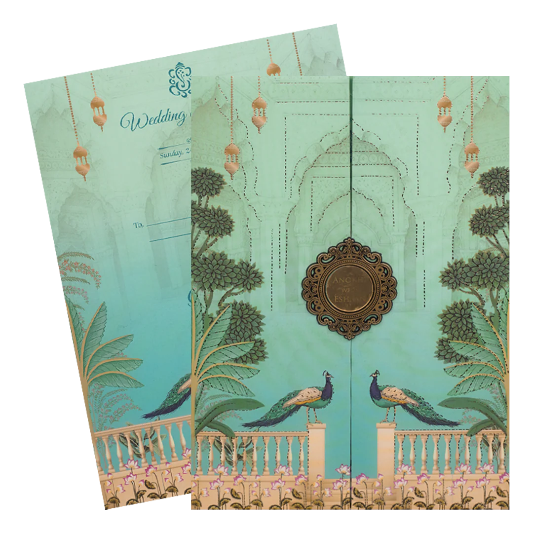 Green Peacock Door Style Padded Wedding Card-KJTS3660 - Image 2