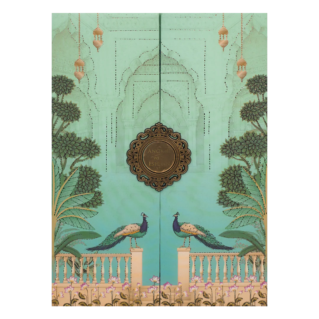 Green Peacock Door Style Padded Wedding Card-KJTS3660 - Image 3