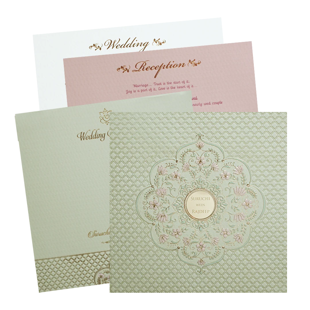 Green Pink Floral Padded Wedding Card -KMMWD1124