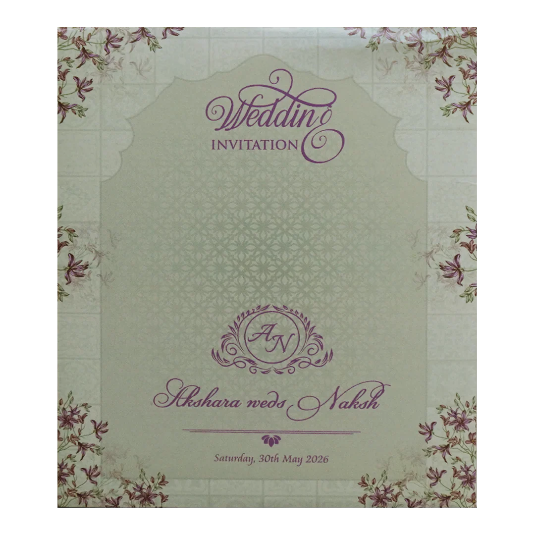Green Purple Floral Circular Nameplate Wedding Card - KVN07620 - Image 4