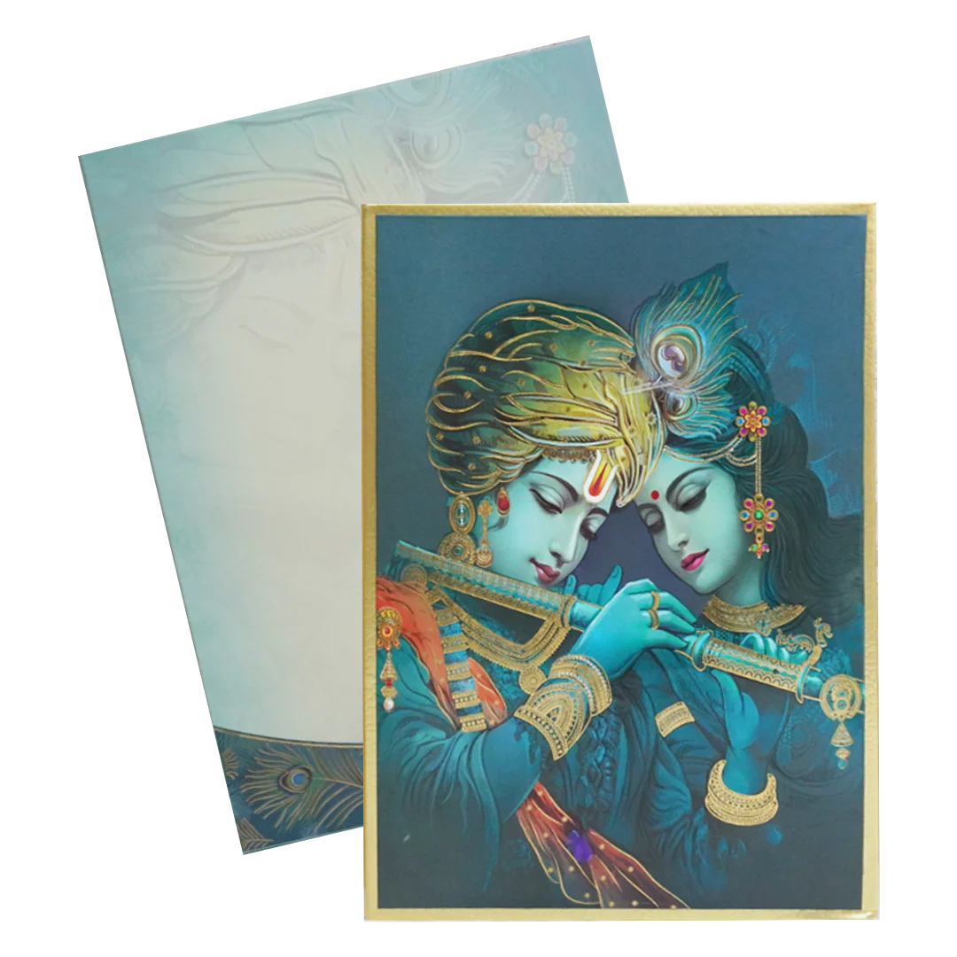 Green Radha Krishna Padded Wedding Card-KAC05540 - Image 2