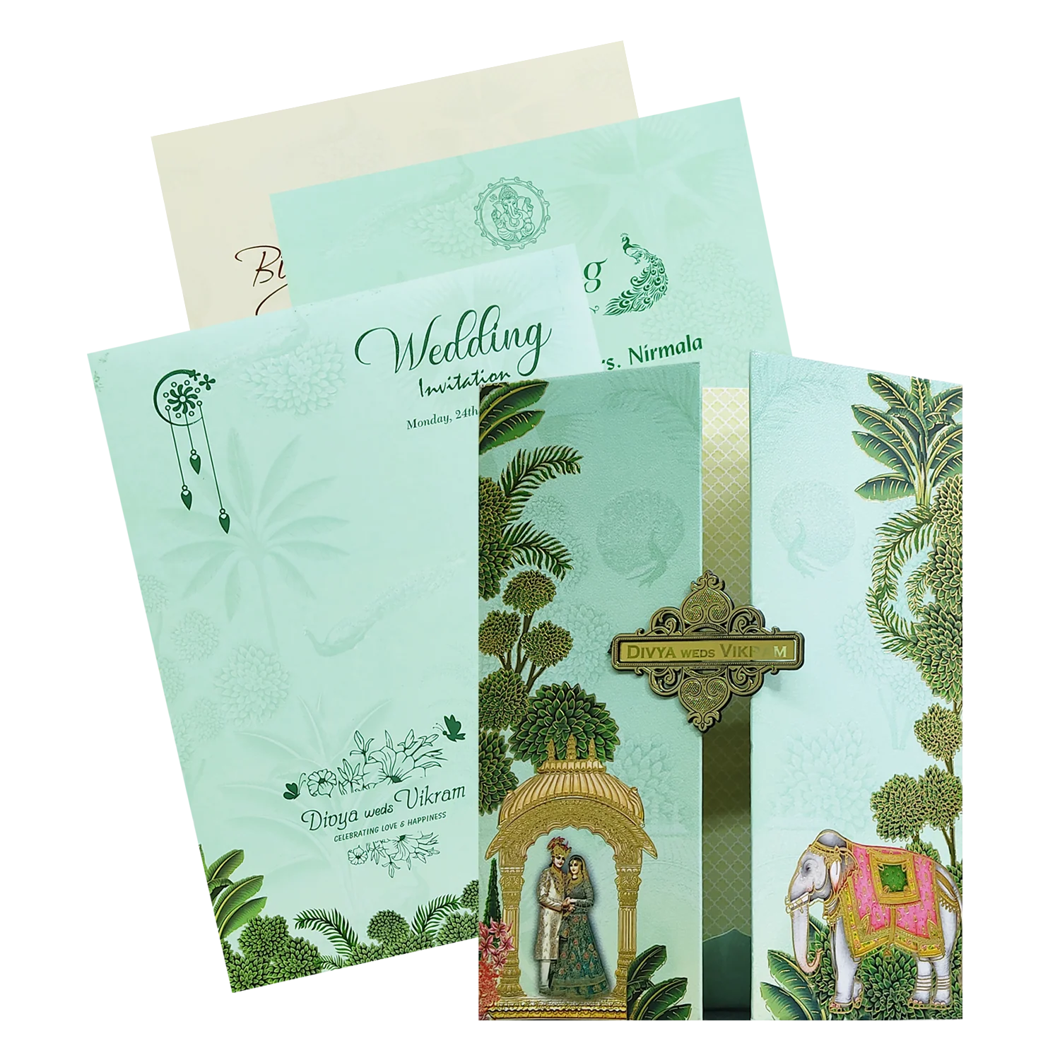 Green Royal Bride Groom Padded Wedding Card-KNMO9304