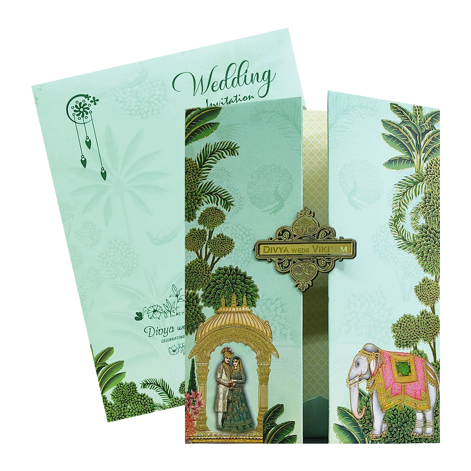Green Royal Bride Groom Padded Wedding Card-KNMO9304 - Image 2