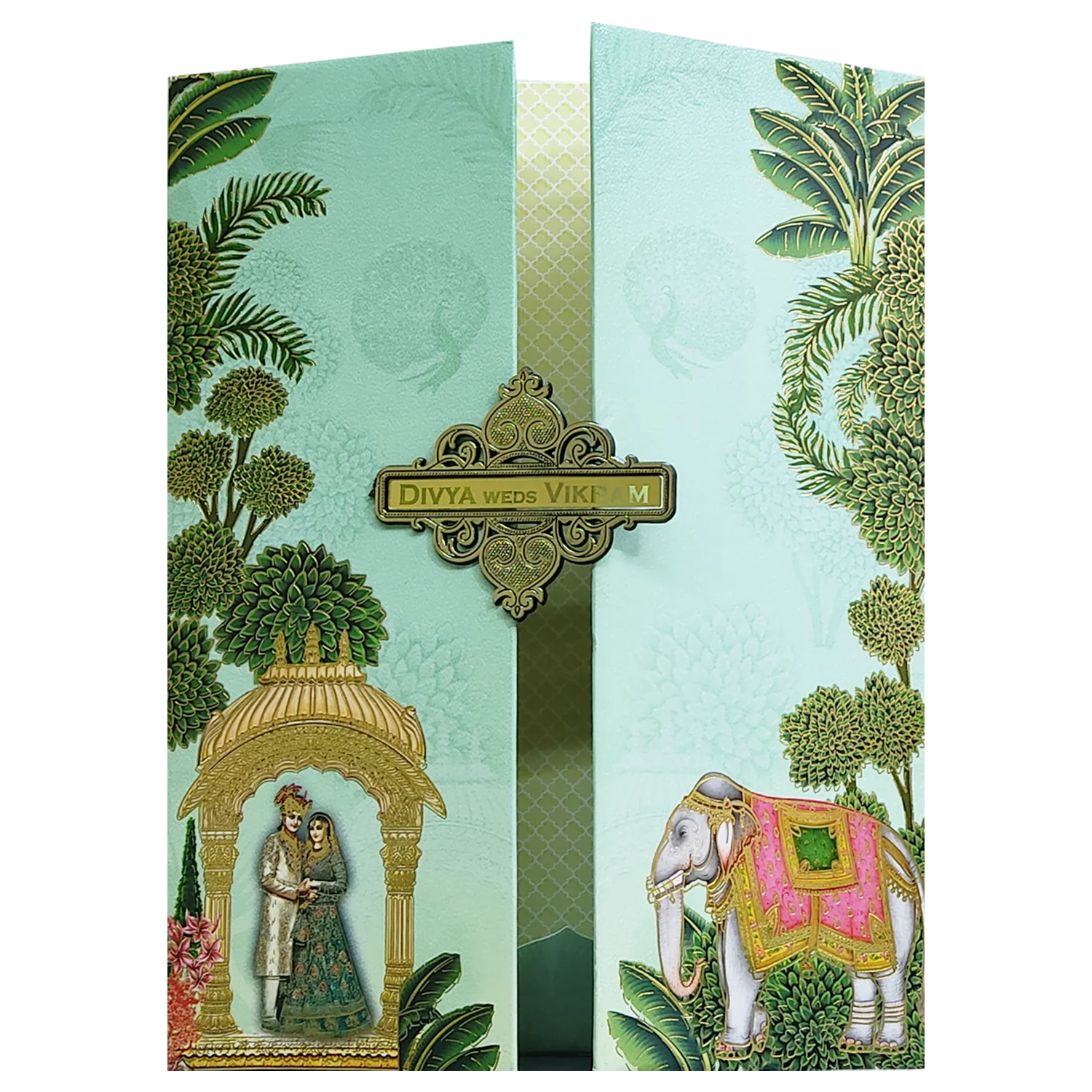 Green Royal Bride Groom Padded Wedding Card-KNMO9304 - Image 3