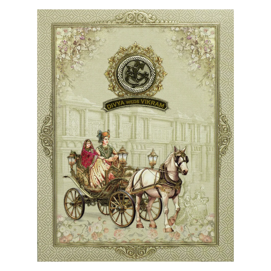 Green Floral Bride Groom Palace Wedding Card-KNKJ1155 - Image 3