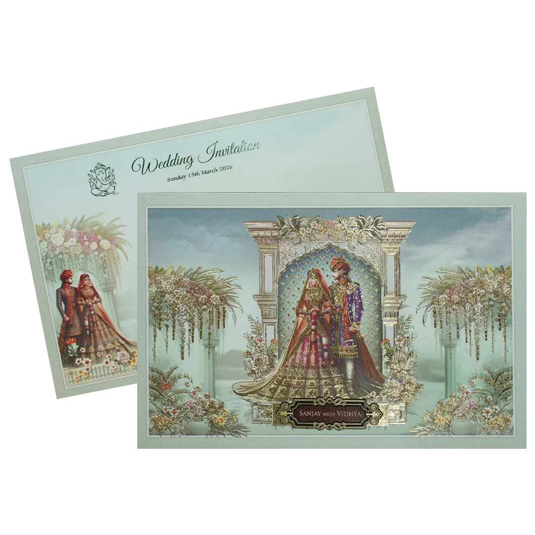 Green Royal Couple Floral Padded Wedding Card-KSH72030 - Image 2