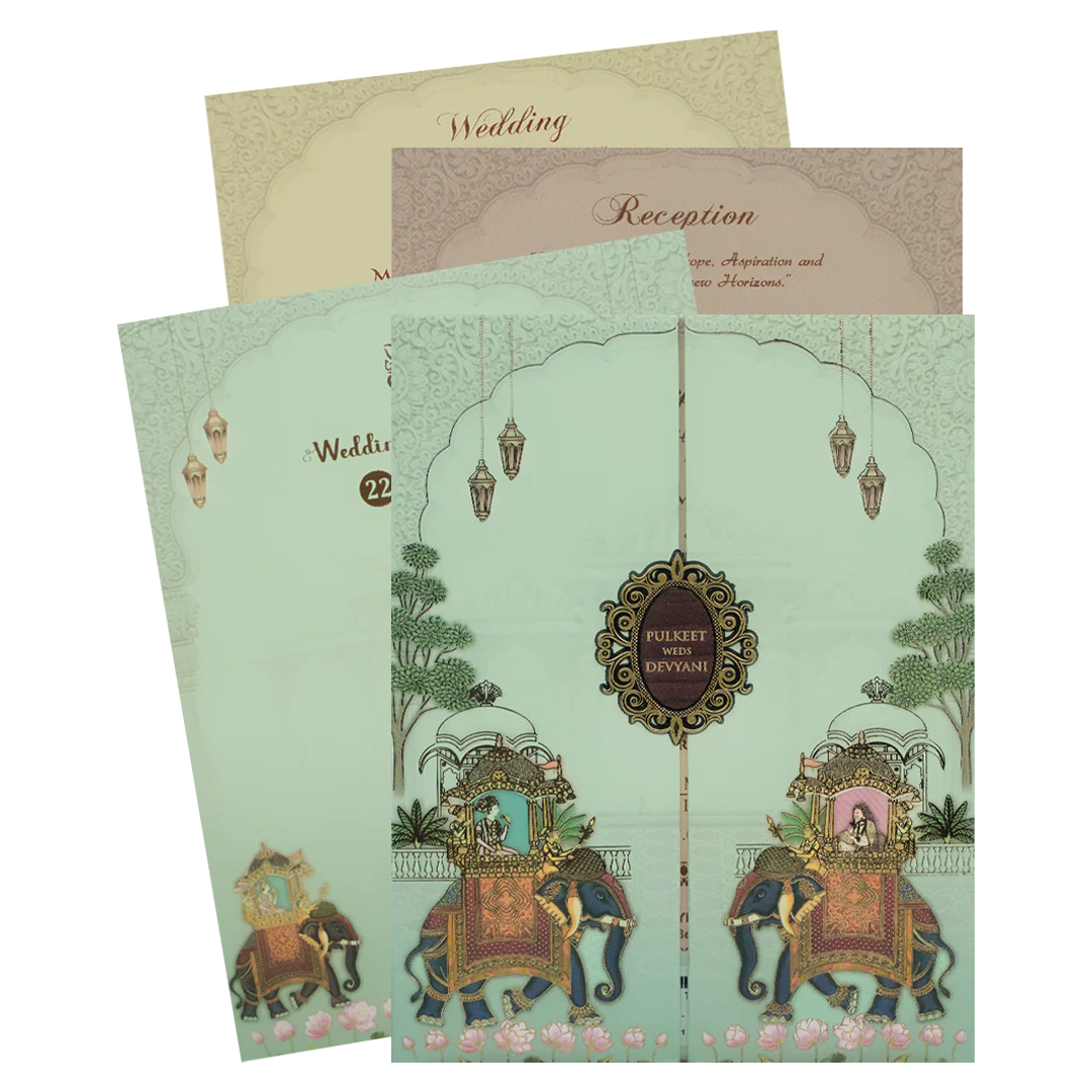 Green Royal Elephant Gatefold Padded Wedding Card-KJTS1834