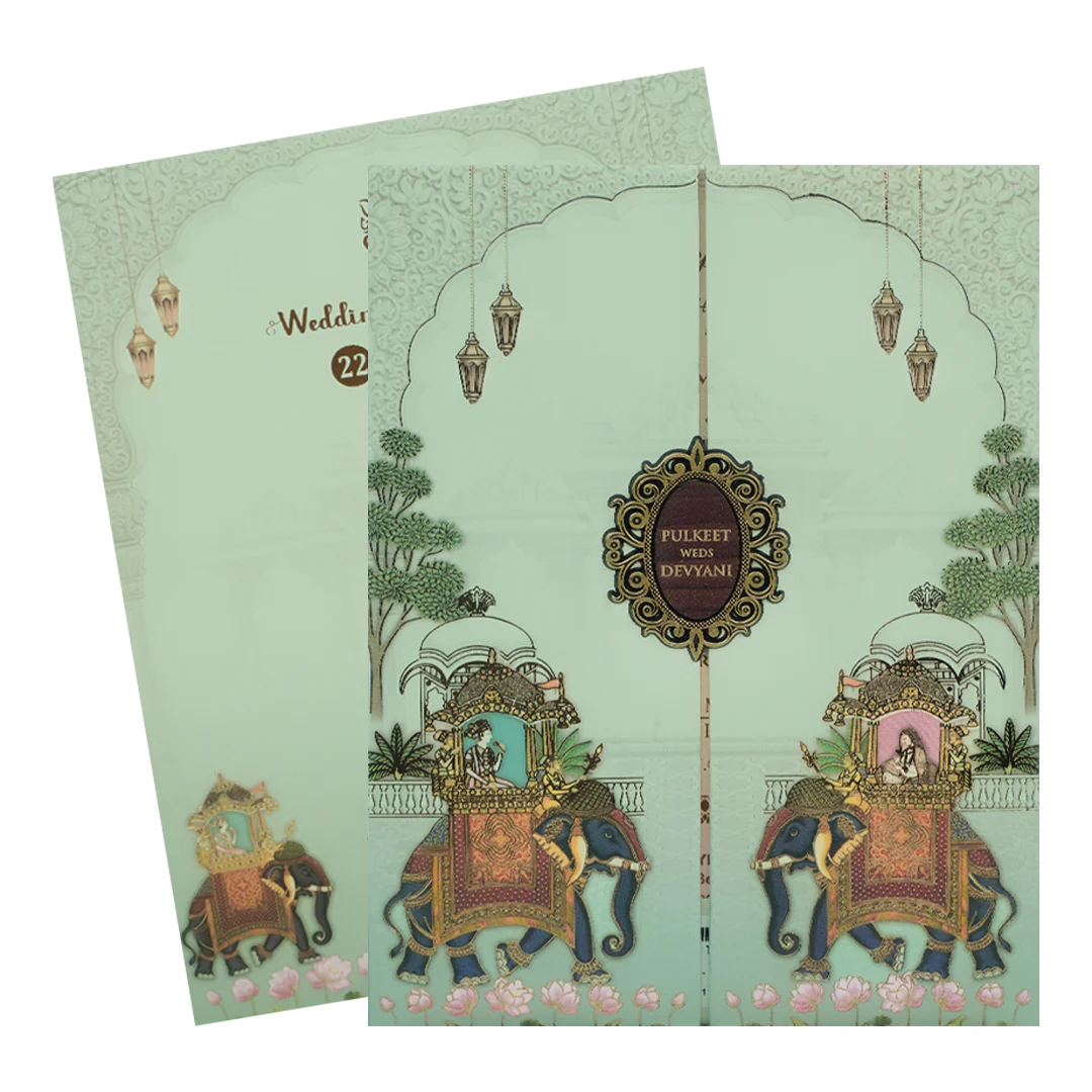 Green Royal Elephant Gatefold Padded Wedding Card-KJTS1834 - Image 2