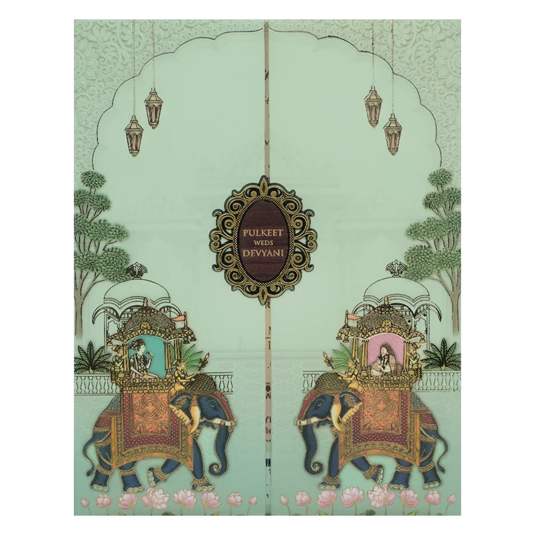 Green Royal Elephant Gatefold Padded Wedding Card-KJTS1834 - Image 3