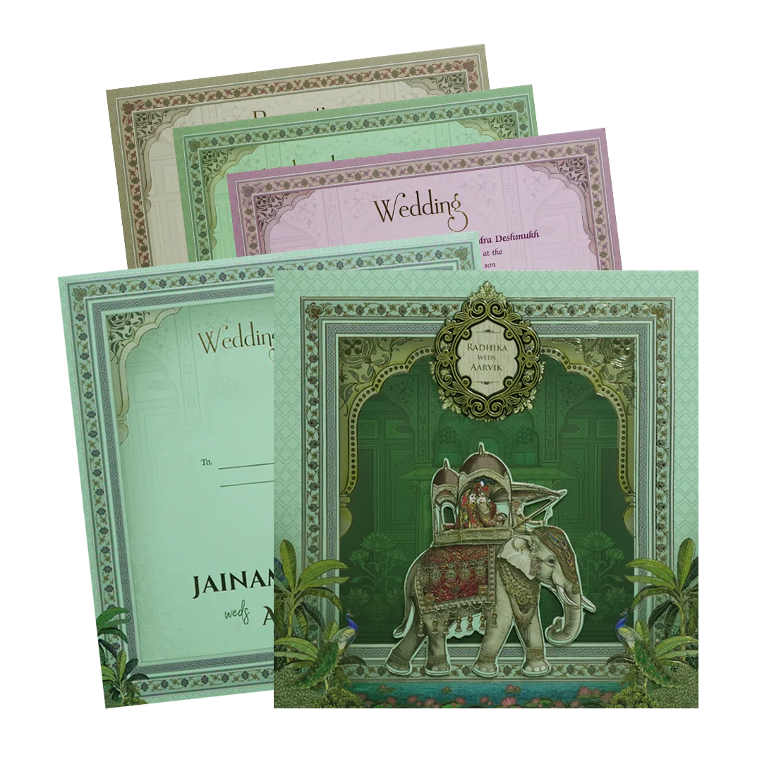 Green Royal Elephant Padded Wedding Card - KSH72650
