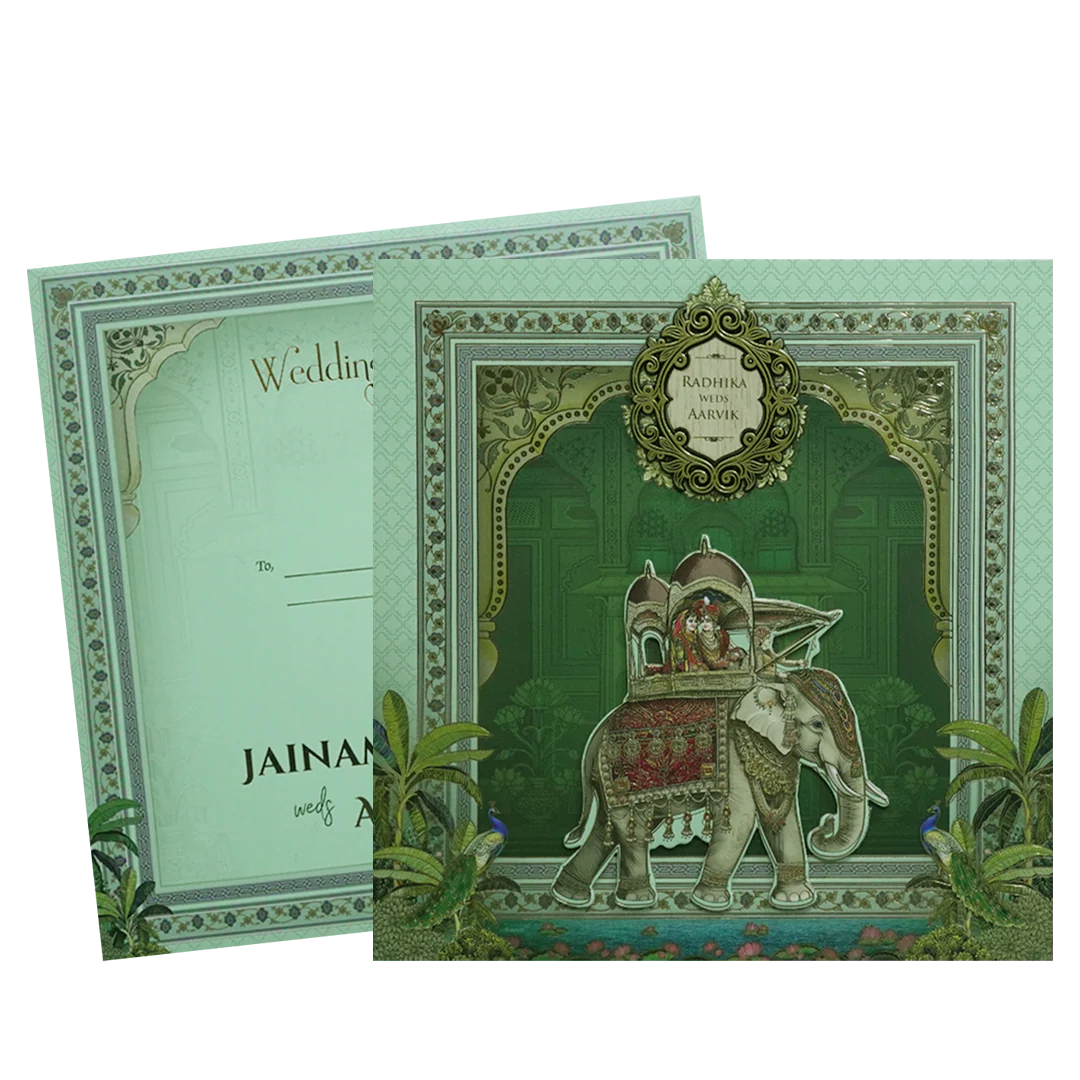 Green Royal Elephant Padded Wedding Card - KSH72650 - Image 2
