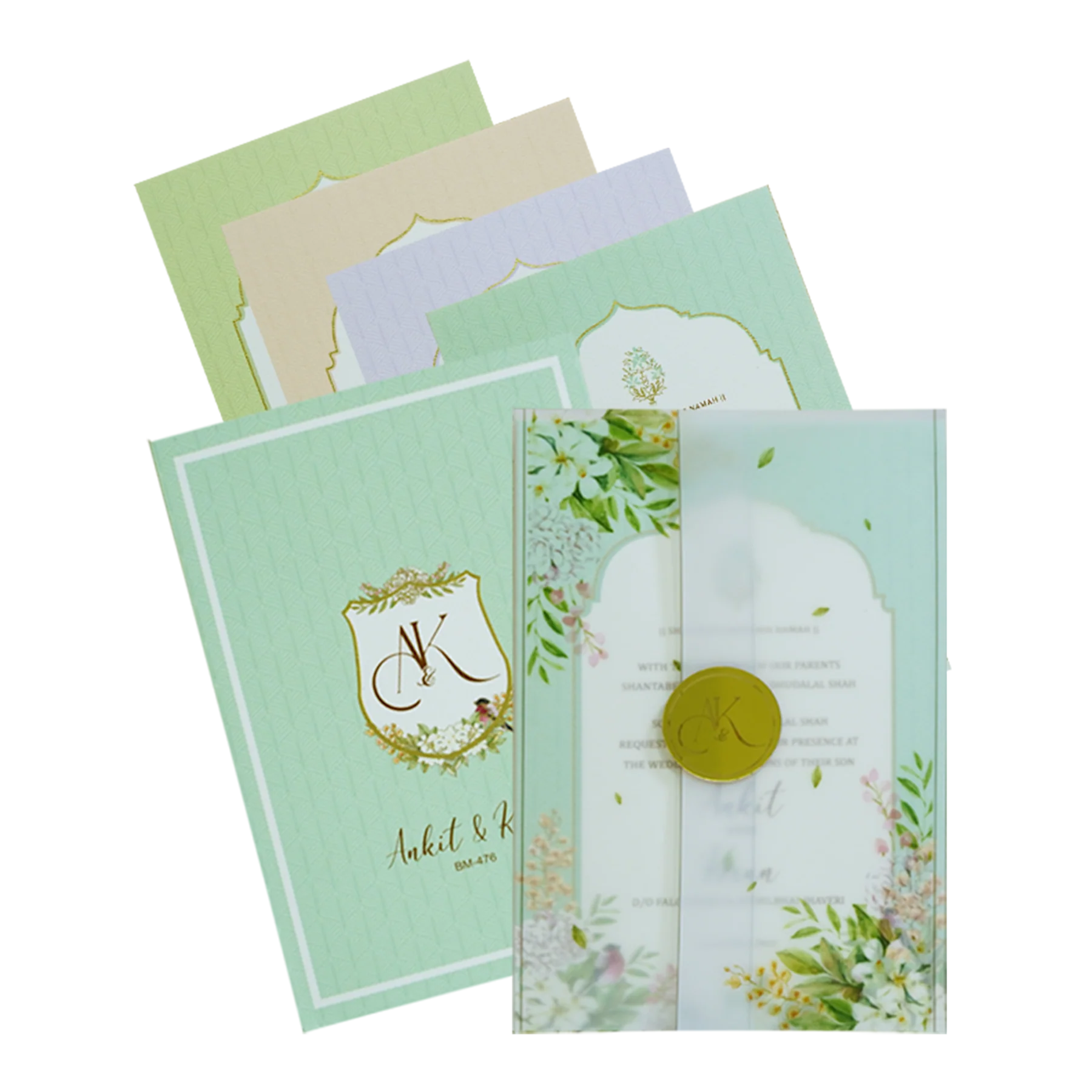 Green Tracing Sheet Wedding Invitation Card-KBM04760