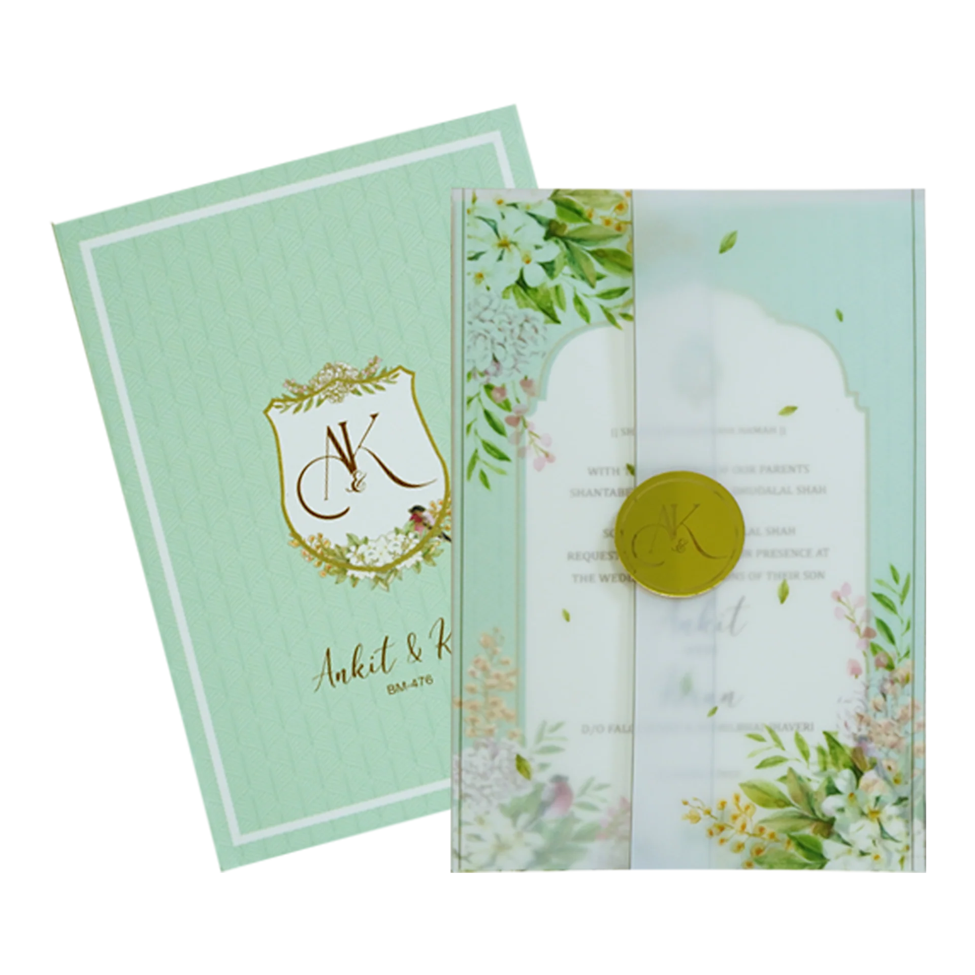 Green Tracing Sheet Wedding Invitation Card-KBM04760 - Image 2