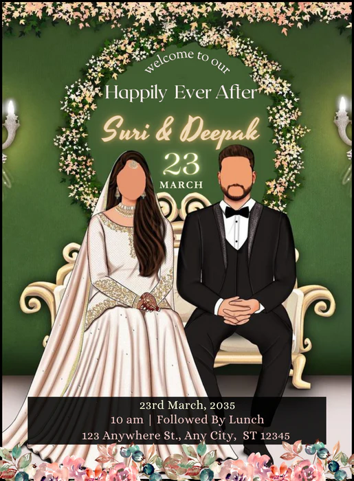 Green Floral Caricature Wedding Invitations-AACAR018 - Image 2