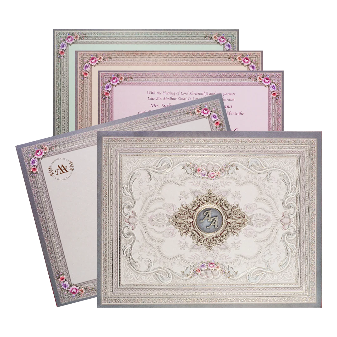 Grey Baroque Floral Padded Wedding Card-ksi63970