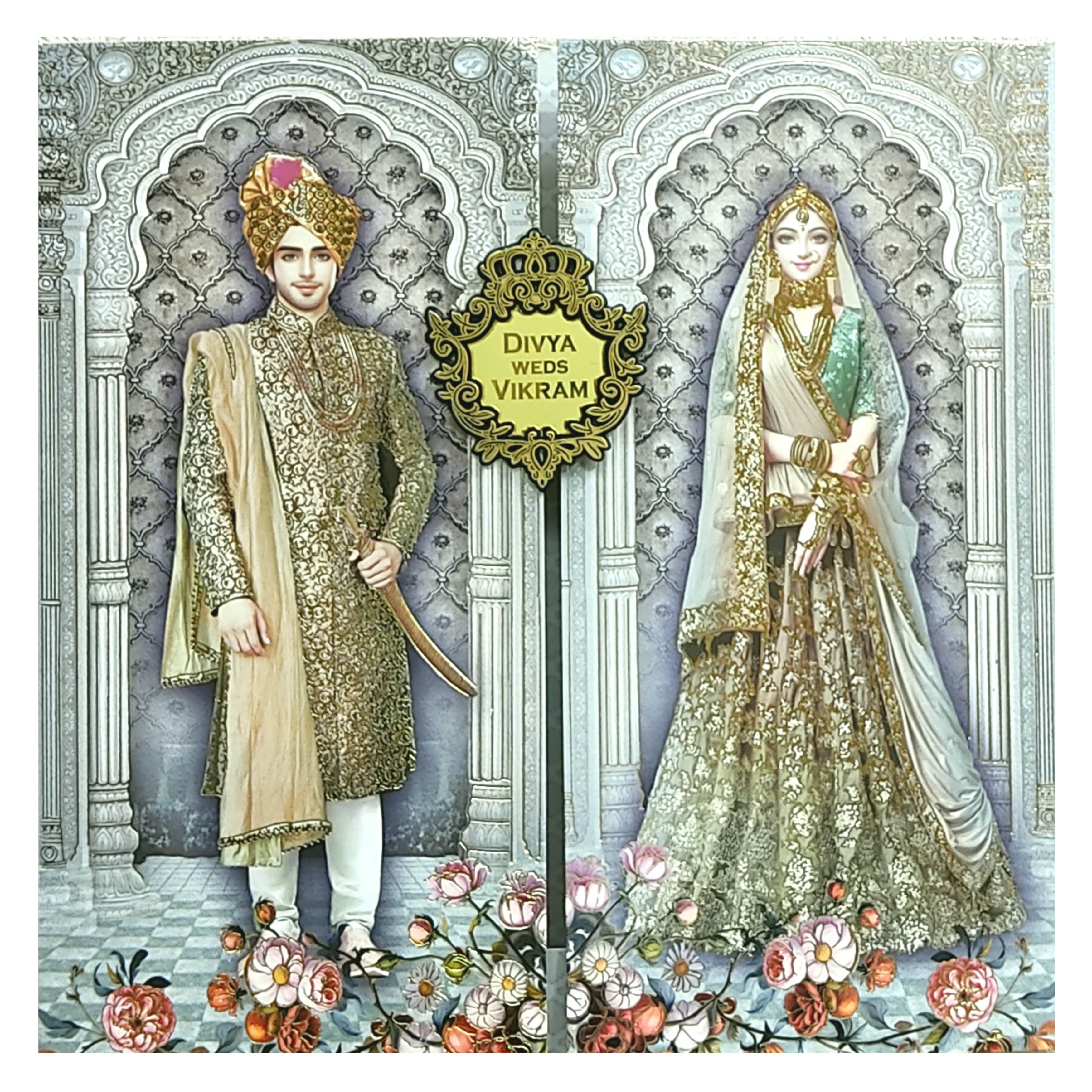 Grey Bride and Groom Door Type Invitation Card-KNKD8103 - Image 3
