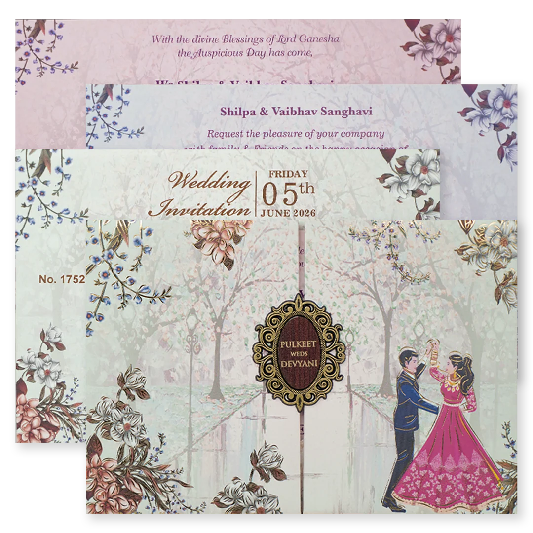 Grey Couple Dance Floral Padded Wedding Card-KJTS1752
