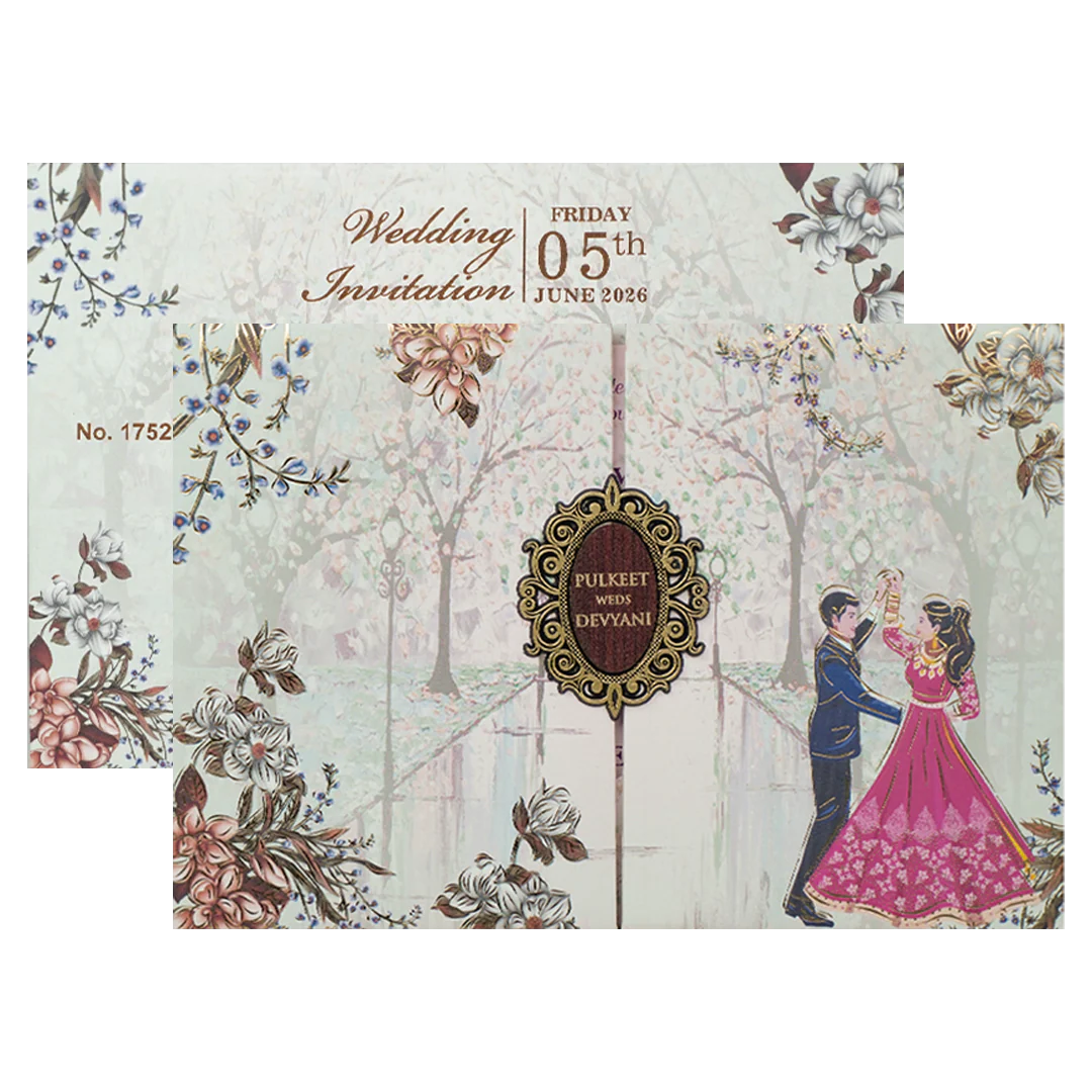Grey Couple Dance Floral Padded Wedding Card-KJTS1752 - Image 2