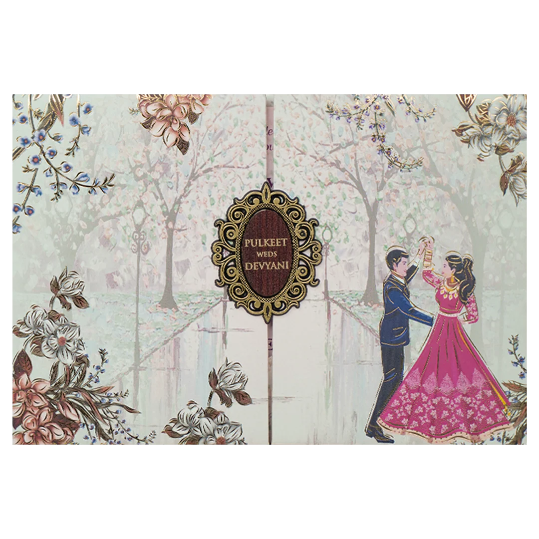 Grey Couple Dance Floral Padded Wedding Card-KJTS1752 - Image 3