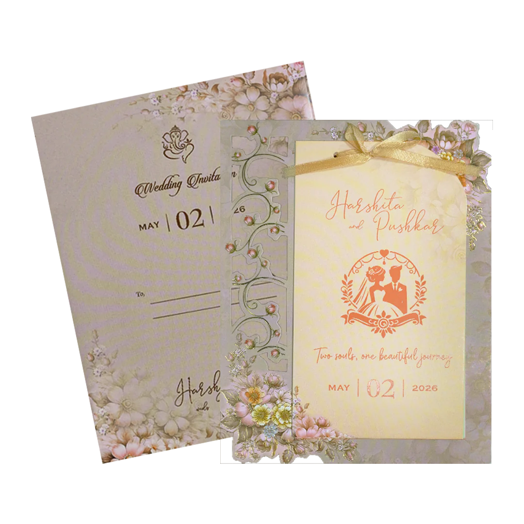 Grey Floral Bow Laser Cut Wedding Card-KSH72890 - Image 2